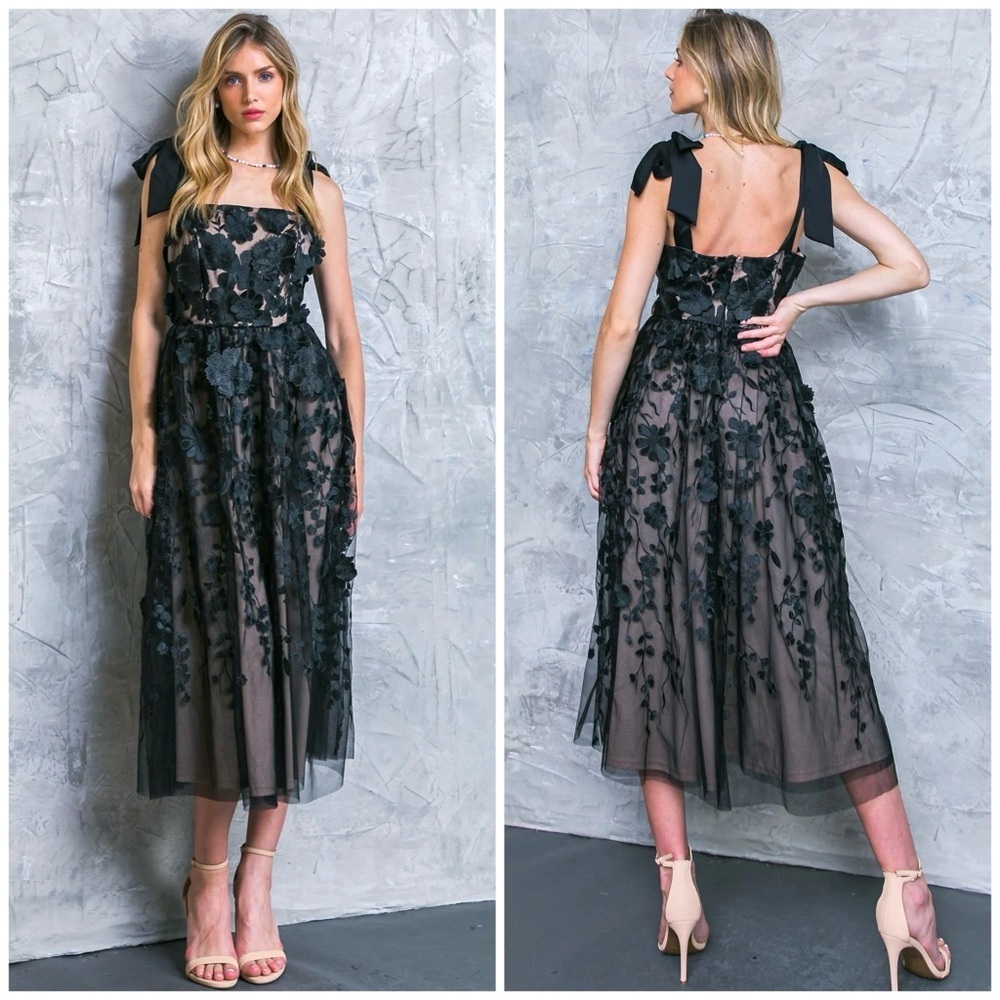 Flying Monkey Black Whimsigoth 3D Floral Women’s Midi Overlay Dress Sz L